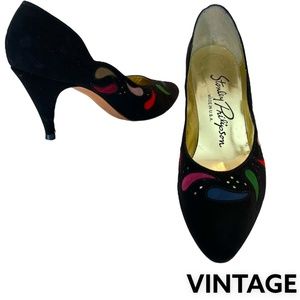 STANLEY PHILIPSON Heels Pumps Suede Black Multicolor Paisley Detail 6AA Vintage